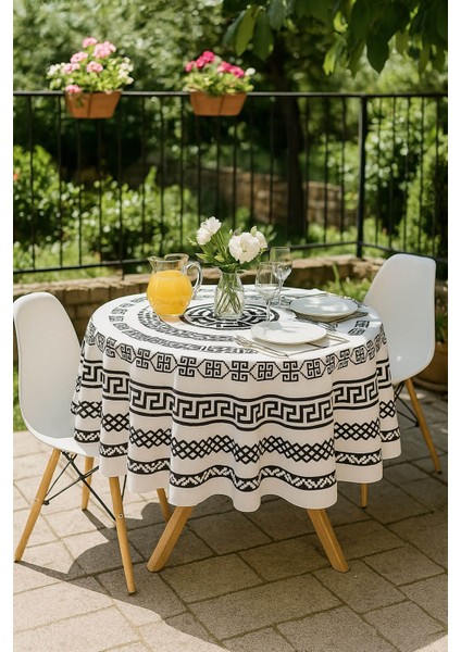 Yuvarlak Geometrik Siyah Desenli Duck Kumaş Masa Örtüsü 150X150 cm fiyatları