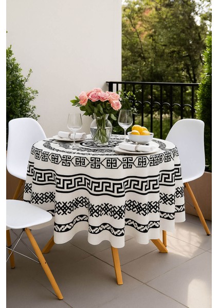 Yuvarlak Geometrik Siyah Desenli Duck Kumaş Masa Örtüsü 150X150 cm modelleri