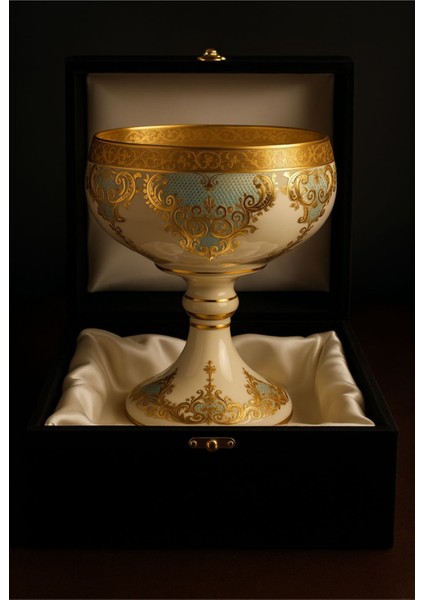 Dekoratif Cam Kase Vazo Şekerlik Gondol – Osmanlı ve Barok Motifli, 3 gr Saf Altın Işlemeli