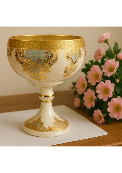 Dekoratif Cam Kase Vazo Şekerlik Gondol – Osmanlı ve Barok Motifli, 3 gr Saf Altın Işlemeli