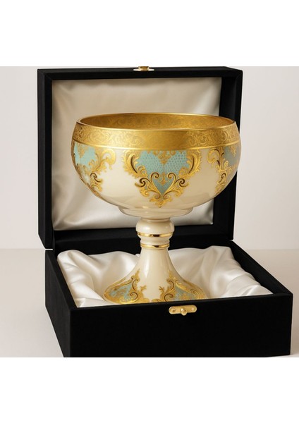 Dekoratif Cam Kase Vazo Şekerlik Gondol – Osmanlı ve Barok Motifli, 3 gr Saf Altın Işlemeli