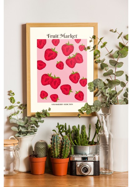 Meyve Marketi Çilekler - Tasarım Poster - Ahşap Çerçeveli
