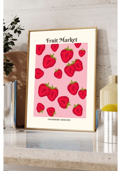 Meyve Marketi Çilekler - Tasarım Poster - Ahşap Çerçeveli fiyatları