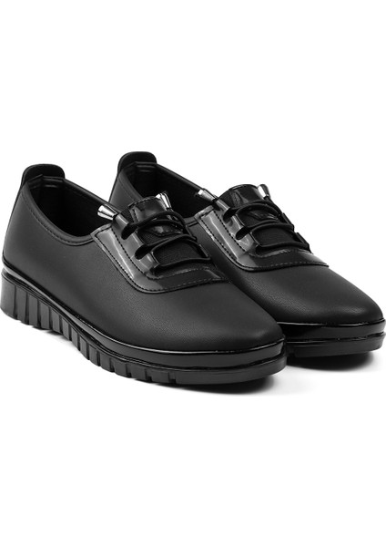 Kadın Siyah Rugan Detaylı Ortopedik Anne Ayakkabısı - Rahat Kaymaz Taban, Bağcıklı Günlük Yürüyüş Ayakkabısı