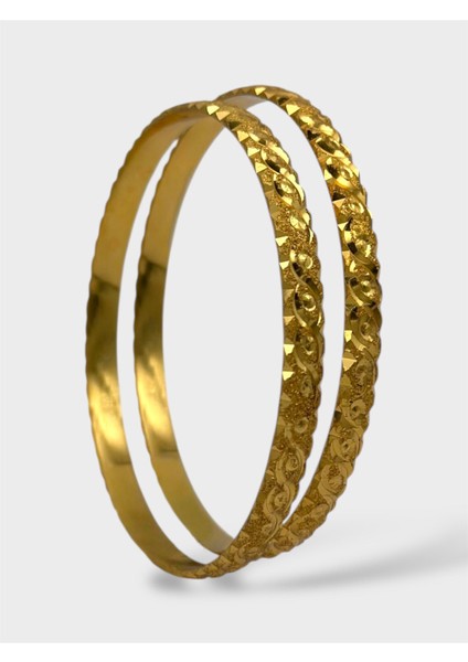 Çelik 22 Ayar Altın Kaplama Desenli Kalın Ajda Bilezik - 2 Adet