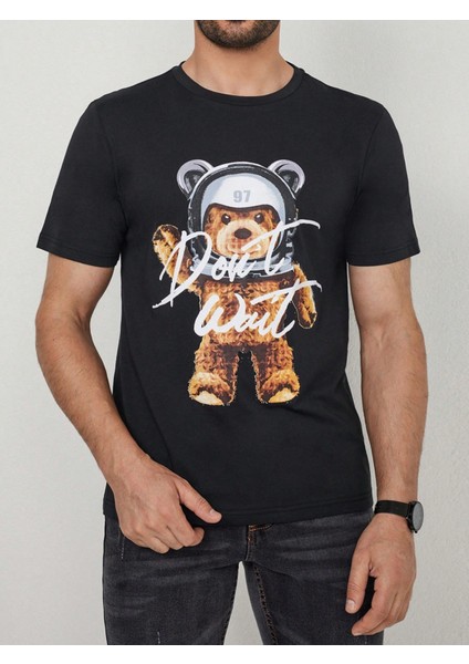 %100 Pamuk Siyah Don't Wait Ayıcık Baskılı Bisiklet Yaka Tişört