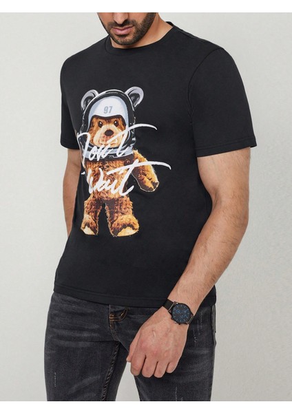 %100 Pamuk Siyah Don't Wait Ayıcık Baskılı Bisiklet Yaka Tişört fiyatları