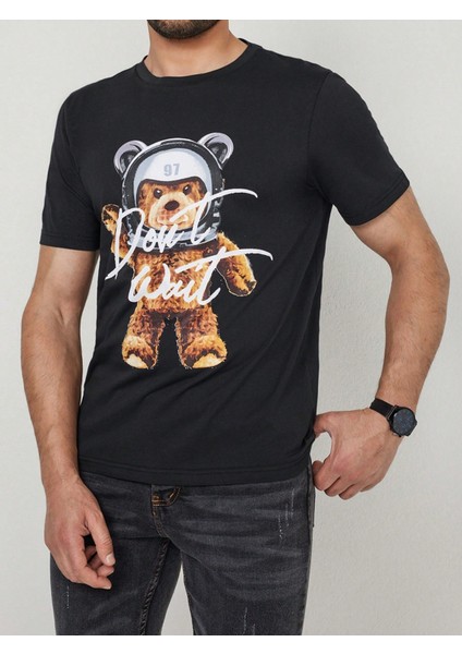 %100 Pamuk Siyah Don't Wait Ayıcık Baskılı Bisiklet Yaka Tişört modelleri