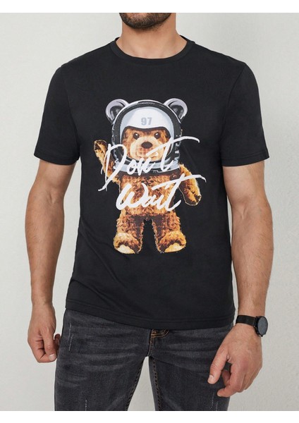 %100 Pamuk Siyah Don't Wait Ayıcık Baskılı Bisiklet Yaka Tişört fırsatları