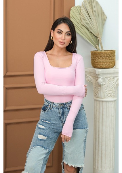 Kadın Body Uzun Kollu Kare Yaka Alttan Çıtçıtlı Slim Fit Bluz fiyatları