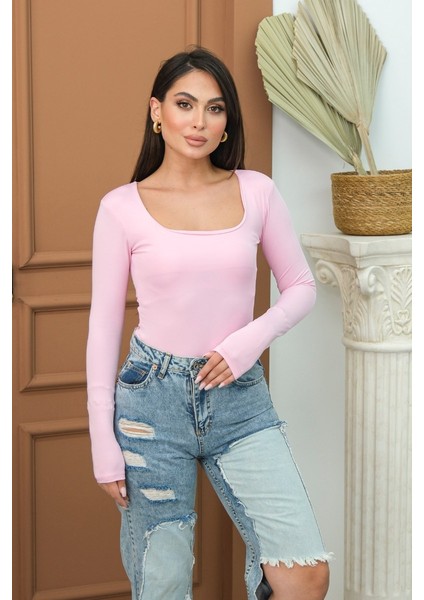 Kadın Body Uzun Kollu Kare Yaka Alttan Çıtçıtlı Slim Fit Bluz modelleri
