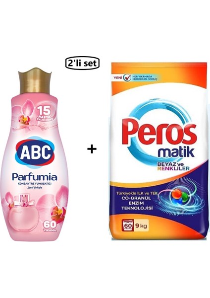 Parfumia Konsantre Yumuşatıcı Zarif Orkide 1440 ml + Peros Matik Beyaz ve Renkliler Toz Çamaşır Deterjanı 9 kg 60 Yıkama--(2'li Set)