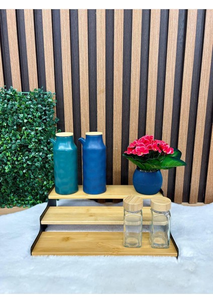 3 Katlı Siyah Çerçeveli Bambu Merdiven Baharatlık Rafı 24X11X8.5 cm