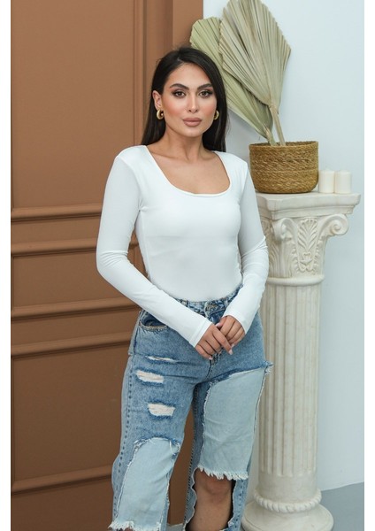 Kadın Body Uzun Kollu Kare Yaka Alttan Çıtçıtlı Slim Fit Bluz fiyatları