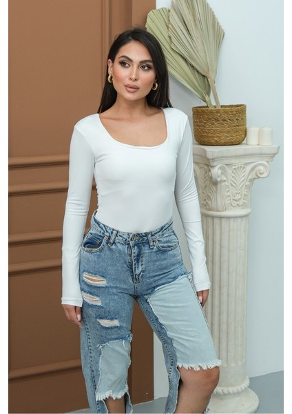 Kadın Body Uzun Kollu Kare Yaka Alttan Çıtçıtlı Slim Fit Bluz modelleri