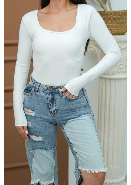 Kadın Body Uzun Kollu Kare Yaka Alttan Çıtçıtlı Slim Fit Bluz indirimleri