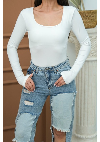 Kadın Body Uzun Kollu Kare Yaka Alttan Çıtçıtlı Slim Fit Bluz