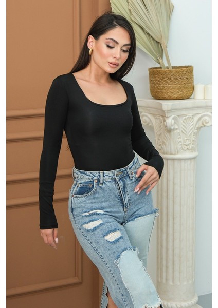 Kadın Body Uzun Kollu Kare Yaka Alttan Çıtçıtlı Slim Fit Bluz modelleri