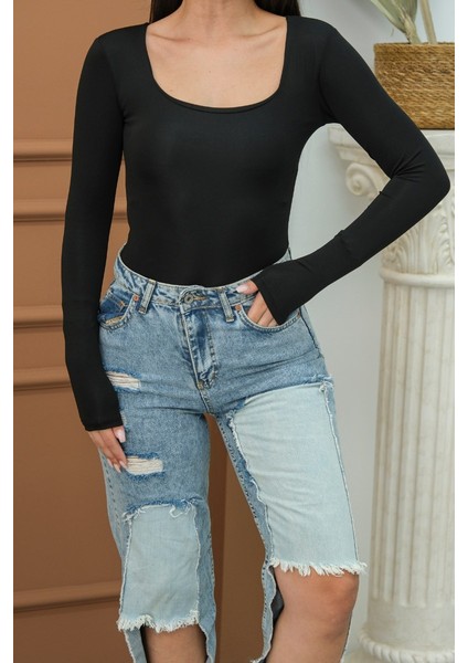 Kadın Body Uzun Kollu Kare Yaka Alttan Çıtçıtlı Slim Fit Bluz fırsatları