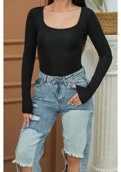 Kadın Body Uzun Kollu Kare Yaka Alttan Çıtçıtlı Slim Fit Bluz indirimleri