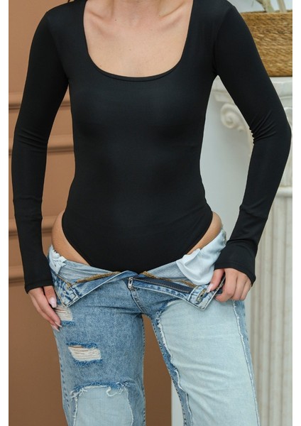 Kadın Body Uzun Kollu Kare Yaka Alttan Çıtçıtlı Slim Fit Bluz