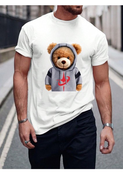 %100 Pamuk Beyaz Ayıcık Baskılı Bisiklet Yaka Tişört