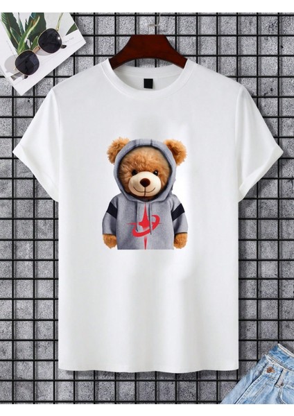 %100 Pamuk Beyaz Ayıcık Baskılı Bisiklet Yaka Tişört fiyatları