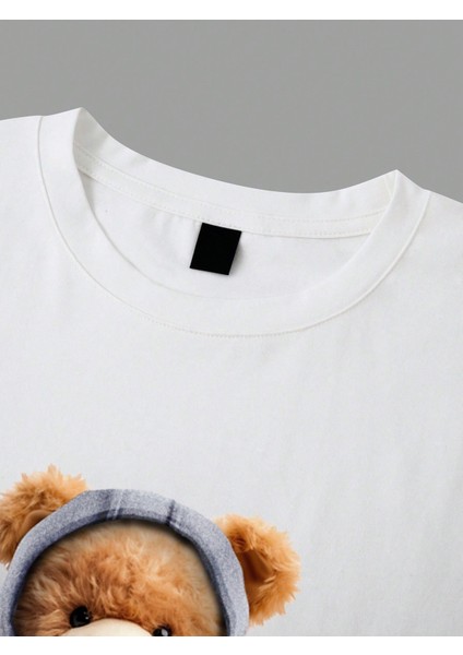 %100 Pamuk Beyaz Ayıcık Baskılı Bisiklet Yaka Tişört modelleri