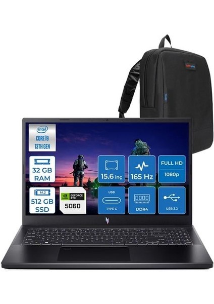 Nitro ANV15-52 Intel Core I9 13900H 32GB 512GB SSD 8GB/RTX5060/75W 15.6" Fhd IPS 165Hz Windows 11 Home Taşınabilir Bilgisayar NHQZAEY004H09 + Zettaçanta