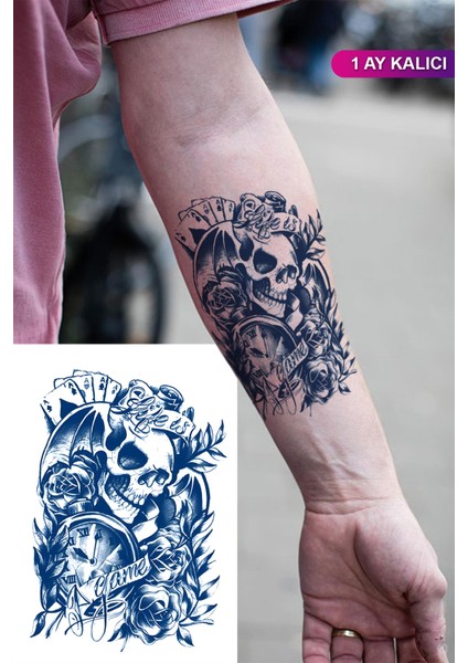 1 Ay Kalıcı Kurukafa ve Iskambil Dövmesi Tattoo