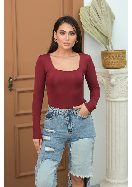Kadın Body Uzun Kollu Kare Yaka Alttan Çıtçıtlı Slim Fit Bluz
