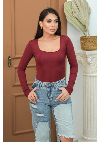 Kadın Body Uzun Kollu Kare Yaka Alttan Çıtçıtlı Slim Fit Bluz modelleri