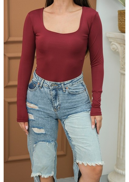 Kadın Body Uzun Kollu Kare Yaka Alttan Çıtçıtlı Slim Fit Bluz indirimleri