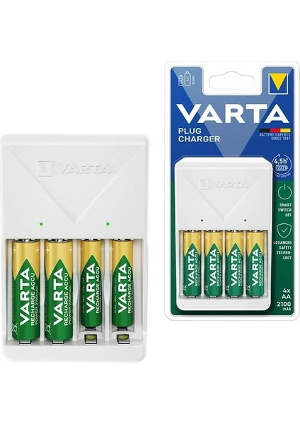 Varta Plug Aa/aaa Kalem Pil Şarj Cihazı Aleti - 4 Adet 2100MAH Aa Hr6 Nı-Mh Şarj Edilebilir Pil Hediyeli
