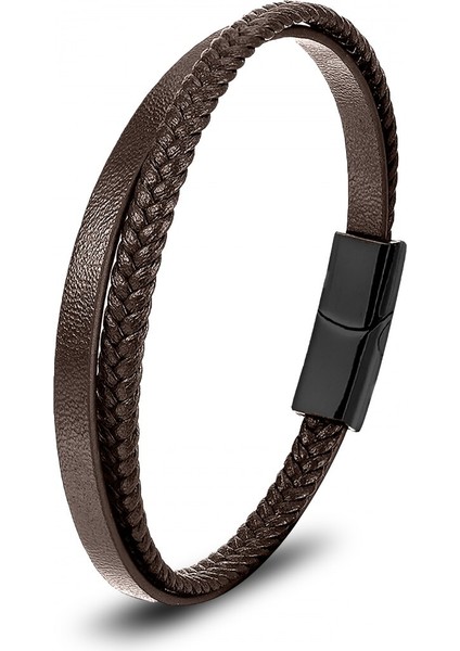 Kahverengi Deri Ve Saç Örgü İkili Çoklu Çelik Bileklik 31833B12D2