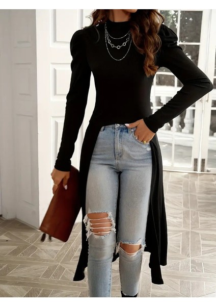 Kadın Uzun Balon Kollu Yarı Balıkçı Yaka Önü Açık Kaşkorse Tunik fiyatları