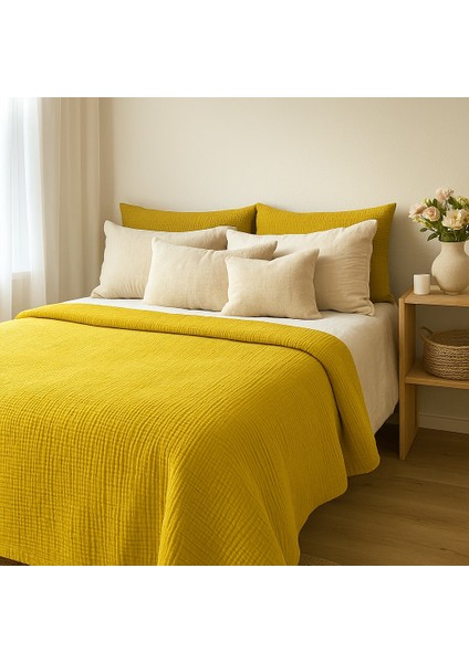 Müslin %100 Pamuk Çift Kişilik 4 Katlı Hardal Sarısı Renk Yatak Örtüsü 240X230 Cm.