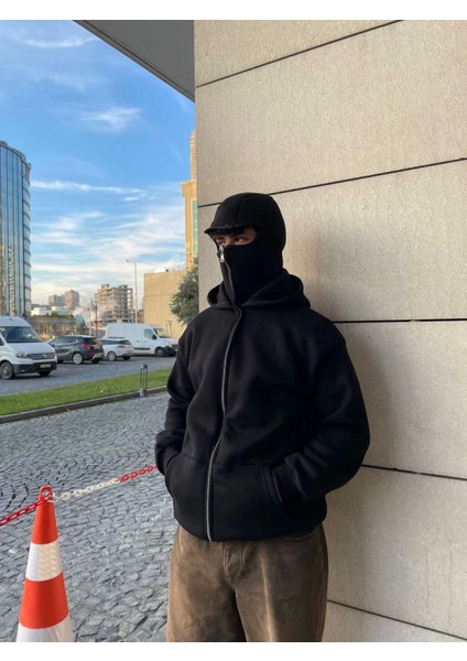 Samuray Kapüşonlu Zıp Fermuarlı Kapüşonlu Sweatshirt - Siyah