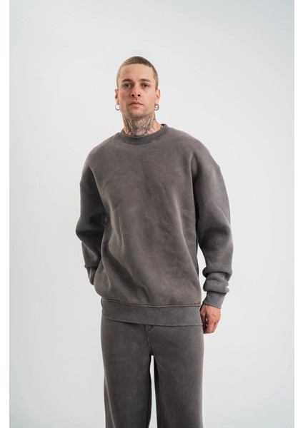 Unisex Uzun Kol Bisiklet Yaka Yıkamalı Sweatshirt - Füme indirimleri