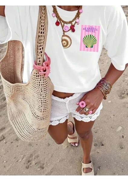 Yaza Özel Mevsimlik Baskılı Bisiklet Yaka Pamuklu Beyaz Kadın/erkek Unisex Oversize Tshirt modelleri