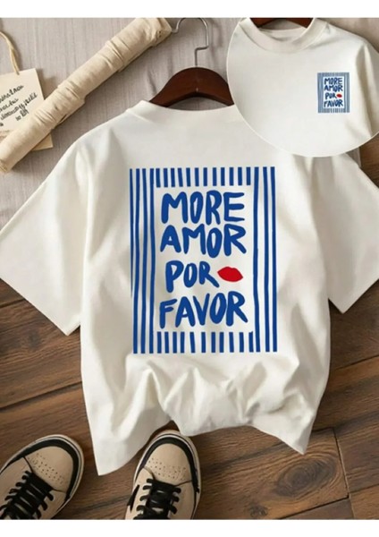 Yaza Özel Mevsimlik Baskılı Bisiklet Yaka Pamuklu Beyaz Kadın/erkek Unisex Oversize Tshirt