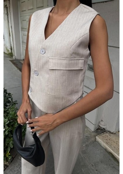 Yeleği Çapraz Detay Düğmeli Cepli Yelekli Takım 10150