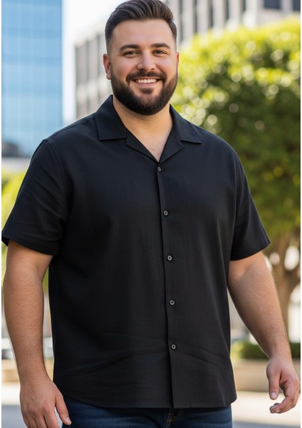 Siyah Viskon Havai Kısa Kollu Salaş Nefes Alan Apaş Yaka Battal Gömlek fiyatları