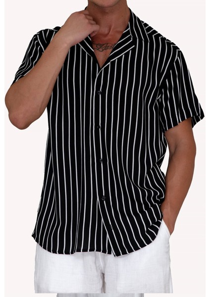 Siyah Beyaz Çizgili Viskon Havai Kısa Kollu Salaş Nefes Alan Apaş Yaka Battal Gömlek
