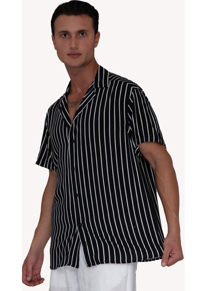 Siyah Beyaz Çizgili Viskon Havai Kısa Kollu Salaş Nefes Alan Apaş Yaka Battal Gömlek modelleri