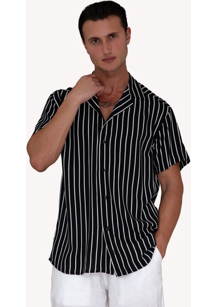 Siyah Beyaz Çizgili Viskon Havai Kısa Kollu Salaş Nefes Alan Apaş Yaka Battal Gömlek fırsatları