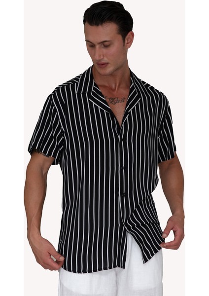 Siyah Beyaz Çizgili Viskon Havai Kısa Kollu Salaş Nefes Alan Apaş Yaka Battal Gömlek indirimleri
