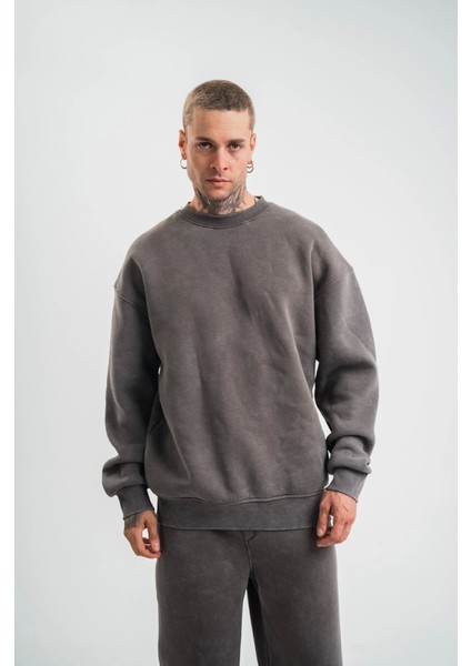 Unisex Uzun Kol Bisiklet Yaka Yıkamalı Sweatshirt - Füme fiyatları