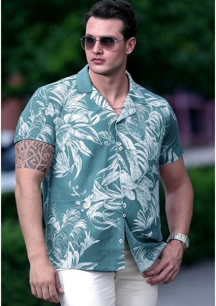 Yeşil Havai Yapraklık Pamuk Kısa Kollu Salaş Nefes Alan Apaş Yaka Battal Gömlek fiyatları