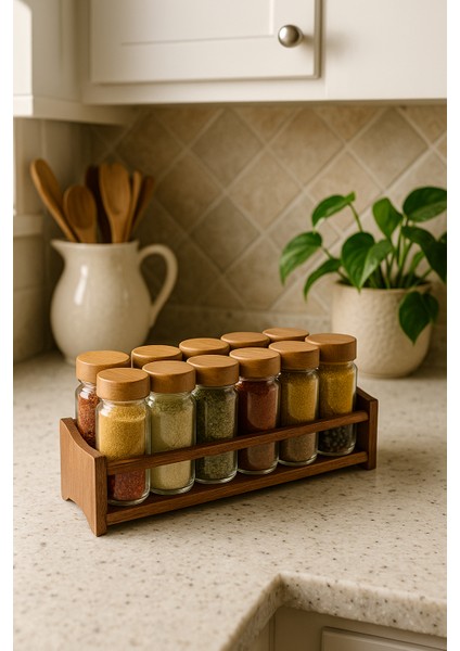 Akasya Kapaklı Cam Baharatlık Seti – Standlı, Şık ve Dekoratif